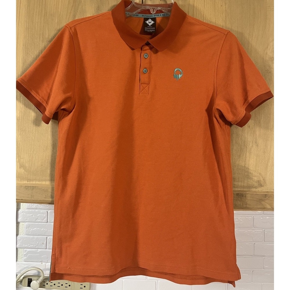 Outdoor Afro x‎ REI Co-op Polo Shirt Mens Medium Orange Short Sleeve Hiking Logo